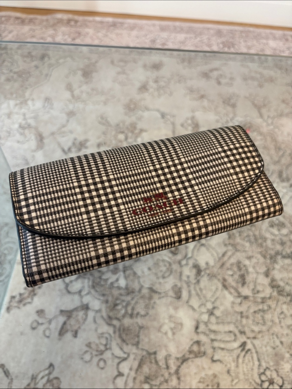 Coach - Checked Fold-Over Women's Wallet Clutch in Black, Burgundy and Cream